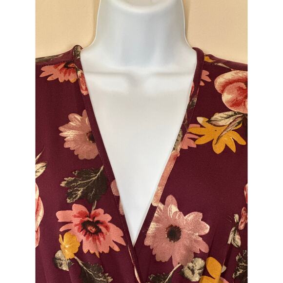 DOWNEAST Dress L Burgundy Wine Fall Fairy Ruffled Floral Cottagecore Faux Wrap - Picture 5 of 13